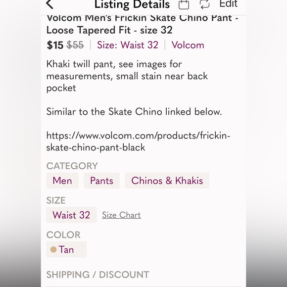 Volcom Men’s Frickin Skate Chino - Loose Tapered Fit - Size 32 - Picture 2 of 6